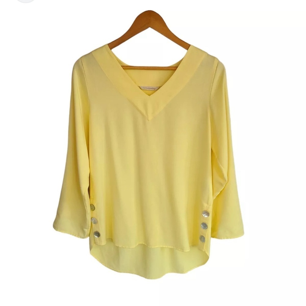 Soft Surroundings Small Roll Tab Sleeve V-neck Yellow Tunic iridescent buttons - Picture 1 of 7